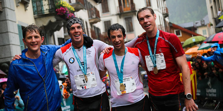 Winners of the Mont-Blanc Marathon, 2014 Skyrunning World Championships. From left: Lauenstein, Lanne, Jornet, Owens.(c)iancorless.com